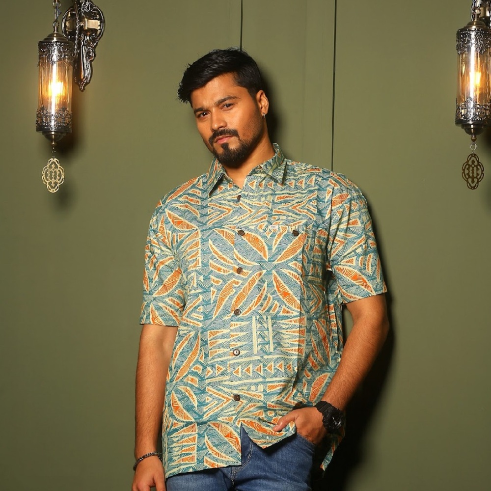 Vibrant Green and Orange Casual Button Down Shirt